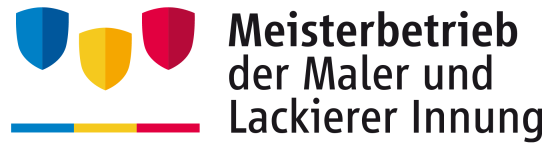 Logo - Malerbetrieb der Maler und Lackierer Innung Schrift schwarz und drei Schilder in blau, gelb und rot